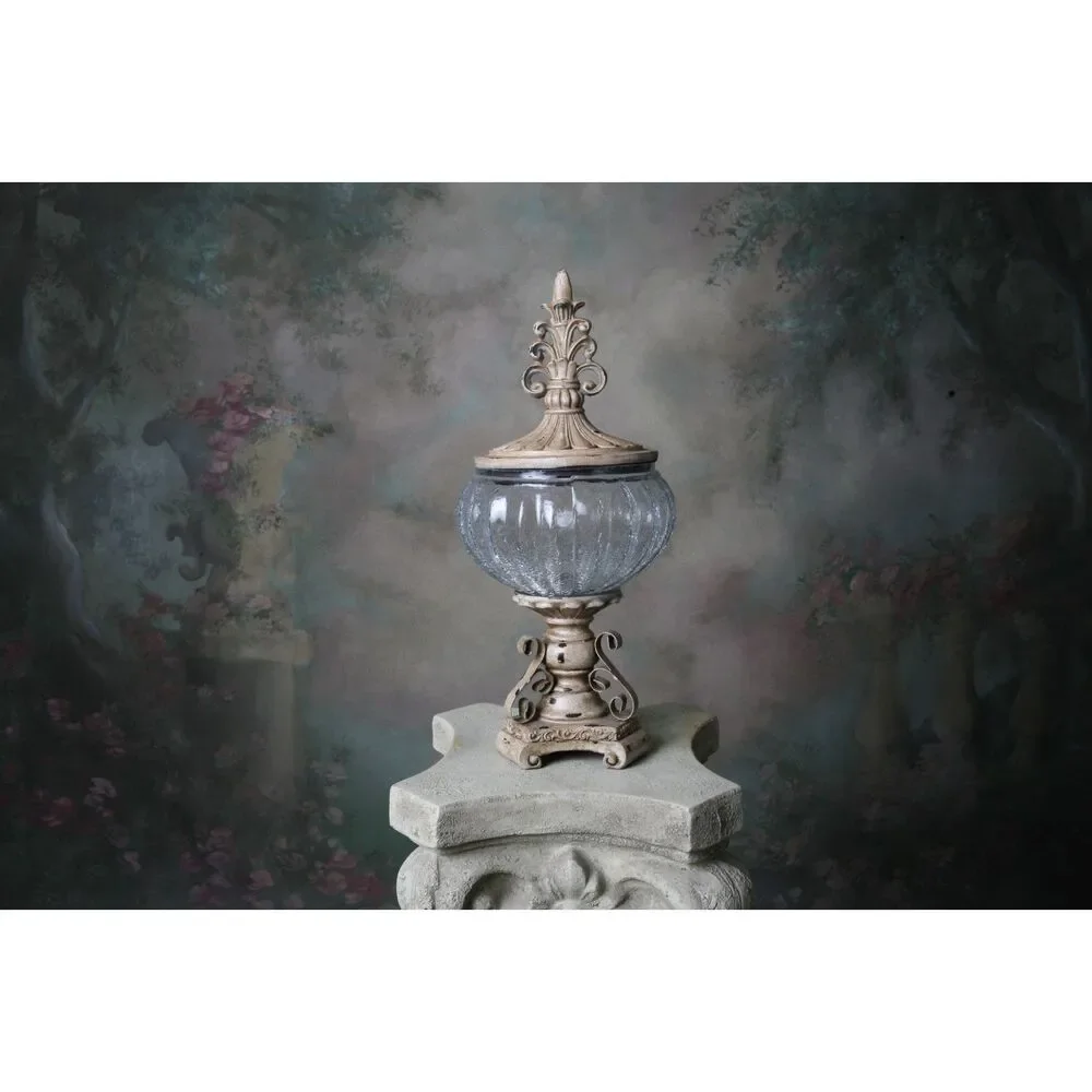 Decorative Crackle Glass Jar With Fleur-de-lis Lid Metal Work Aged - Picture 7 of 9